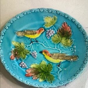 “Black Forest Art Pottery” Plate Majolica Birds & Grapevine Beautiful Blue